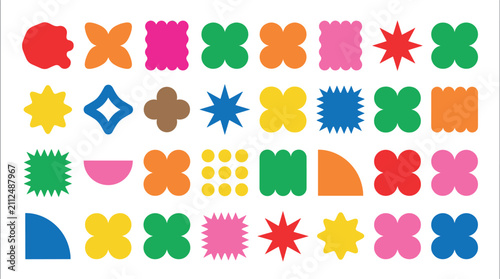 Abstract Y2K Brutalist Geometric Shape Icon Set with Colorful Retro Starbursts Badges and Blobs for Trendy Graphic Design and Gen Z Branding Projects