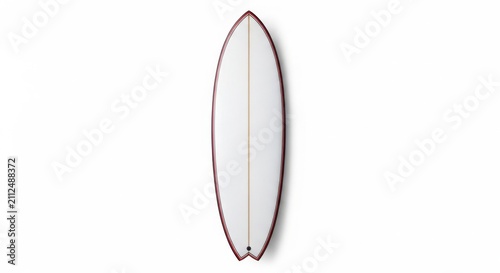 Top view of a white surfboard with red rails isolated on white background