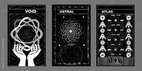 Εκτύπωση καμβά retrofuturistic wireframe posters black and white void astral atlas geometric pa