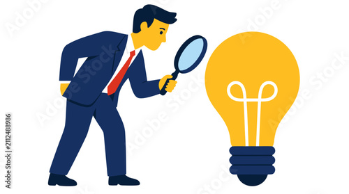 A businessman in a blue suit uses a magnifying glass to inspect a large yellow lightbulb, symbolizing deep analysis, business innovation, strategic planning, and finding new ideas for corporate