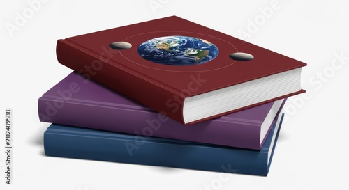 A stack of three hardcover books with a planetary illustration on the top cover