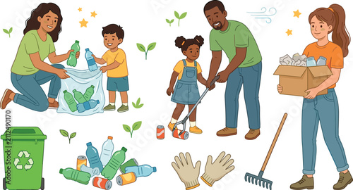Volunteers and diverse families recycling garbage, picking plastic bottles into trash bags, collecting waste, and cleaning environment ecosystem vector illustration set