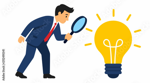 Flat vector illustration of a professional businessman in a suit using a magnifying glass to carefully examine a large glowing yellow light bulb, representing innovation, strategy, and business ideas.