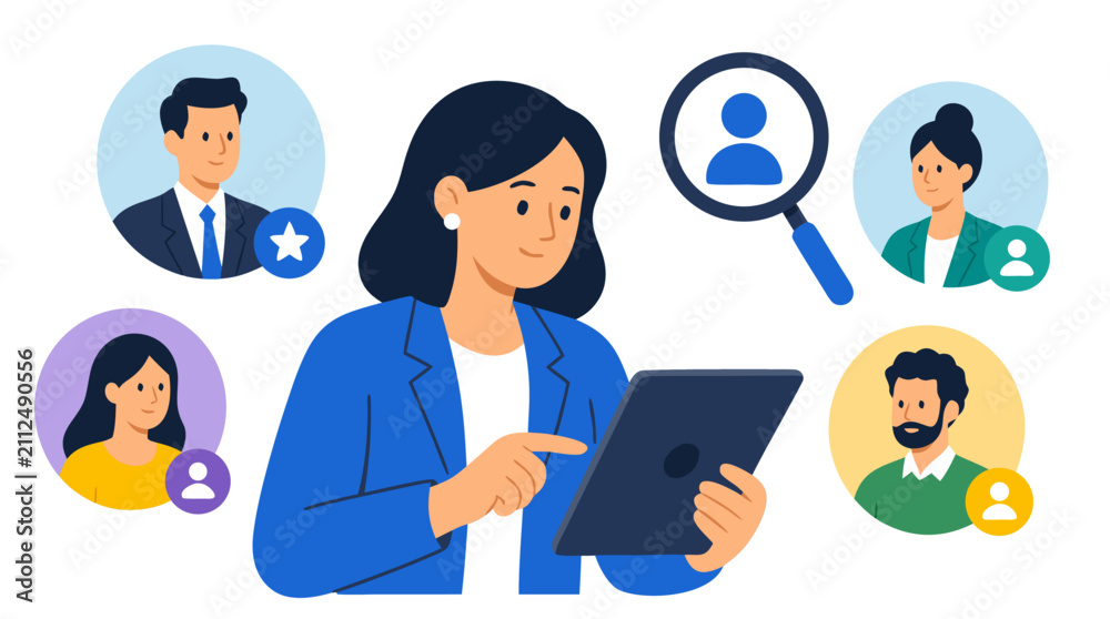 Fototapeta premium A professional female human resources manager reviews candidate profiles on a digital tablet, surrounded by floating applicant portraits and a magnifying glass symbolizing the search for talent in a