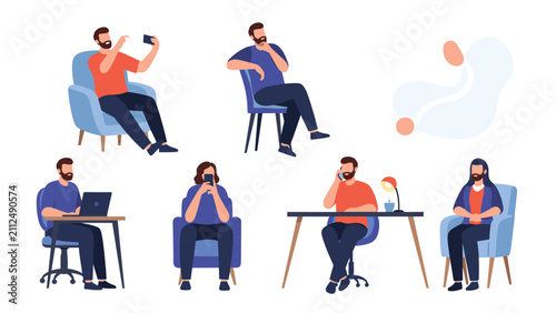 Bearded man sitting in different poses using smartphone, working on laptop, talking on phone and taking selfie.