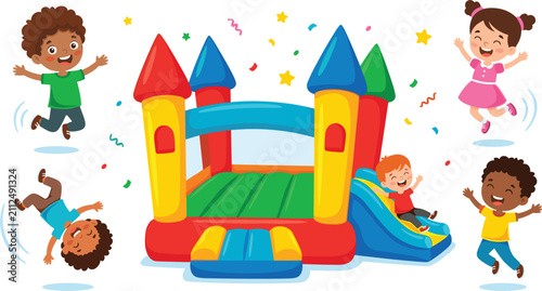 Happy diverse kids jumping and playing on colorful inflatable bouncy castle with slide for birthday party and children entertainment vector designs