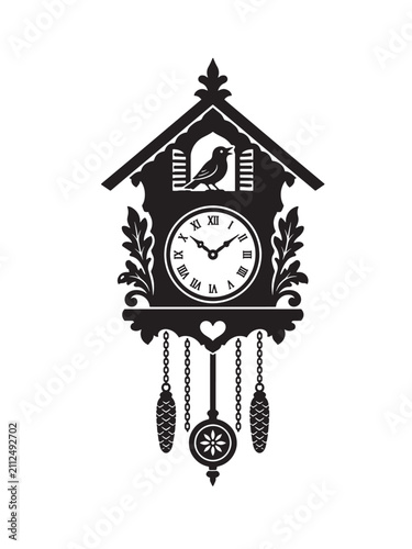 Traditional Cuckoo Clock Black Silhouette Vector Icon with Bird, Pendulum and Chains Isolated on White Background.