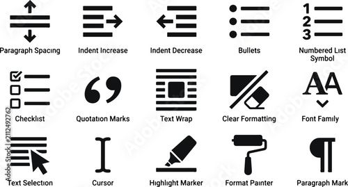Valokuva Professional black text editing and document formatting interface icone set for