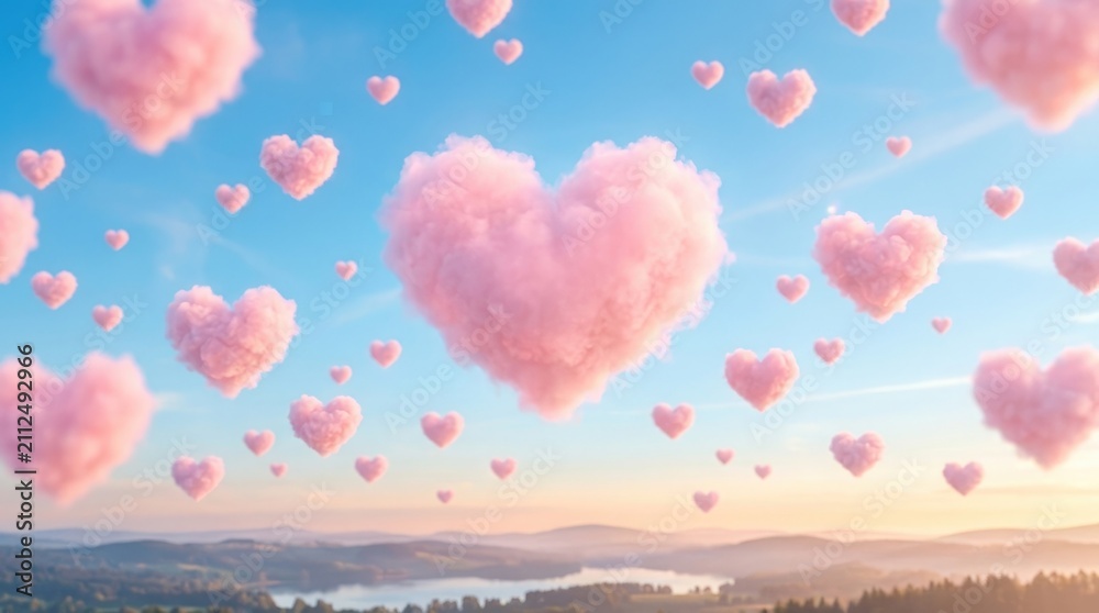 Fototapeta premium Many fluffy pink heart shaped clouds floating in a beautiful blue sky at sunset for romantic background