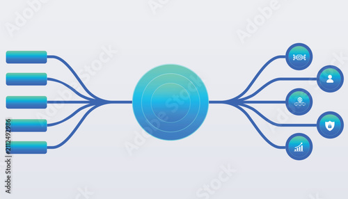 Business infographic with Ten options buttons (green and blue tones). AI technology options. Diagram, scheme. User, AI, security, network, and scalability. Infographic data visualization.