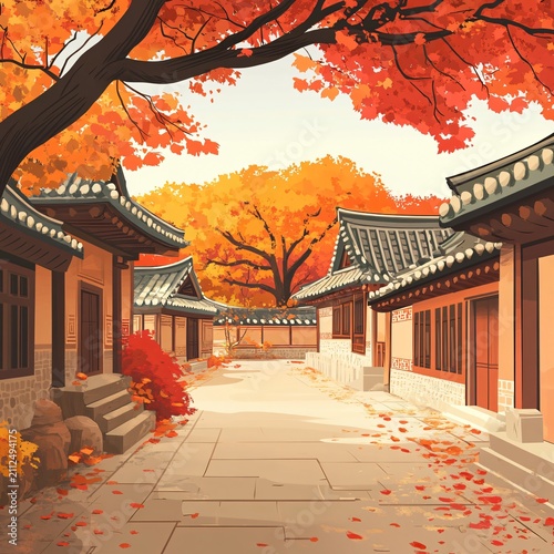 Traditional Japanese Temple Courtyard with Autumn Maple Trees, Historic Architecture and Peaceful Fall Landscape Illustration