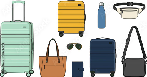 Travel luggage and bags set featuring hard shell rolling suitcases tote bag shoulder crossbody pack waist fanny pouch sunglasses and passport vector