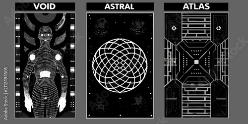 Canvastavla retrofuturistic wireframe human figure and geometric shapes on black background
