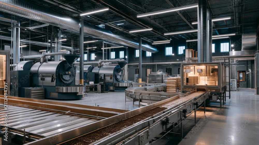 Fototapeta premium Modern Industrial Roasting Facility Featuring High-Tech Equipment for Coffee and Food Products