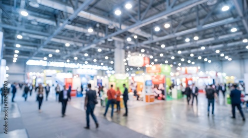 Blurred view of a busy trade show exhibition hall with many people walking between various company booths