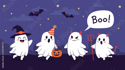 Cheerful friendly cartoon ghosts in funny costumes celebrating Halloween night together with a pumpkin candy basket.