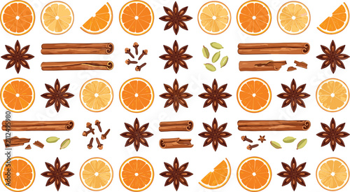 Obraz na płótnie Mulled wine spices vector element set with dried orange slices cinnamon sticks s