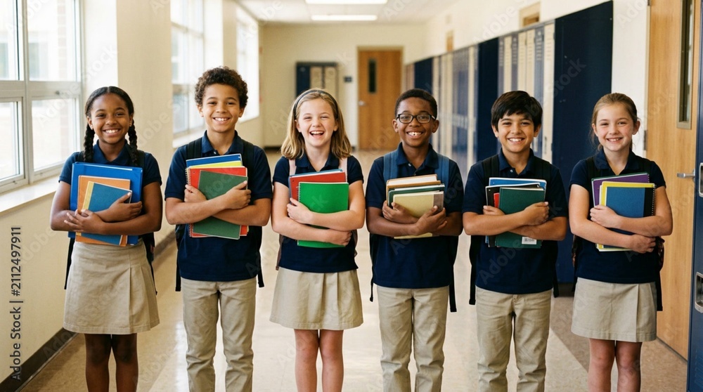 Fototapeta premium Diverse group of smiling elementary school students in matching navy blue uniforms holding colorful stacks of books in a bright, welcoming school hallway, promoting education and literacy