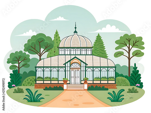 Contemporary premium vector illustration of Lalbagh Botanical Garden Glass House Bengaluru, elegant Victorian glass structure, lush greenery, flat editorial design