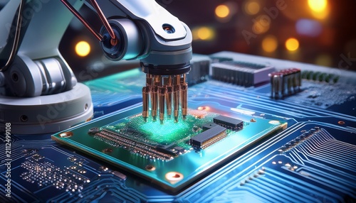 closeup of a robotic arm precisely assembling a microchip on a circuit board with vibrant lighting showcasing advanced technology and automation