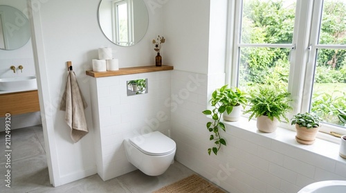 Bright Modern Bathroom Interior Featuring White Wall-Mounted Toilet, Wooden Shelf with Toilet Paper Rolls, Round Mirror, and Lush Green Plants on Window Sill in Minimalist Scandinavian Design with