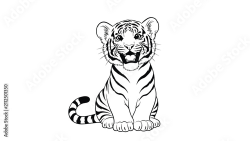 Cute baby tiger cub sitting down and roaring in a detailed black and white vector line art style illustration.