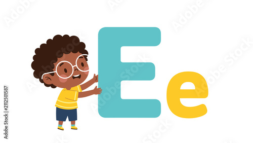 Smart young cartoon boy with curly hair and glasses leaning against large letters E representing early learning.