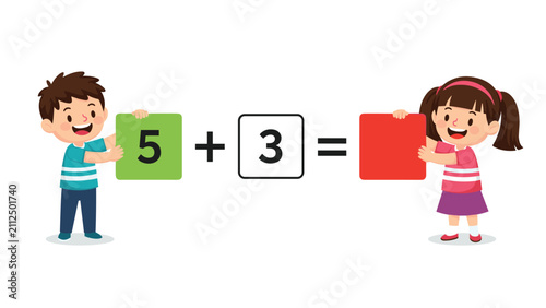 Two happy cartoon children holding math equation cards showing five plus three during an interactive classroom game.