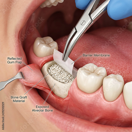 Dental bone grafting surgery with barrier membrane and graft