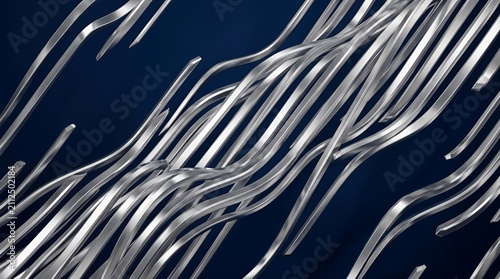 Abstract silver metallic flowing lines on dark background.
