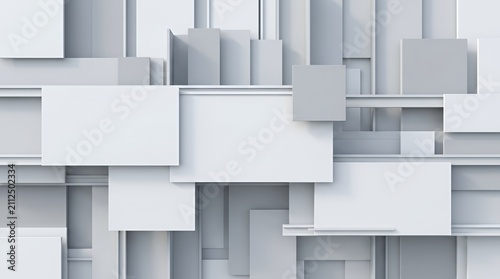 Abstract white 3D geometric rectangles and square blocks.