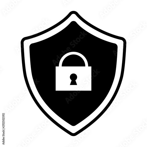 Black Shield with Padlock Icon Vector. Security Protection Business Symbol Illustration Design. Isolated on White Background