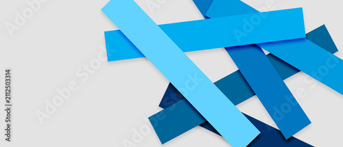 Multiple rectangular strips in blue overlap on a neutral light grey background creating an abstract geometric pattern with shadows