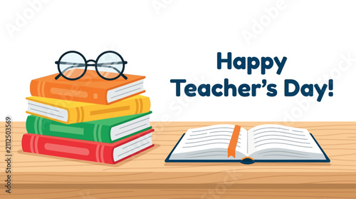 A festive greeting card design for teacher's day featuring a stack of colorful books and open textbook on table