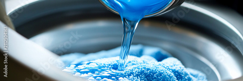 Close up of blue fabric softener being poured into washing machine Generative AI