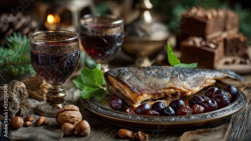 Gourmet meal with fish wine nuts and fruit on a wooden table