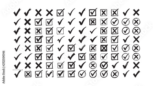 Obraz na płótnie Extensive collection of hand drawn tick marks and cross symbols for checklists