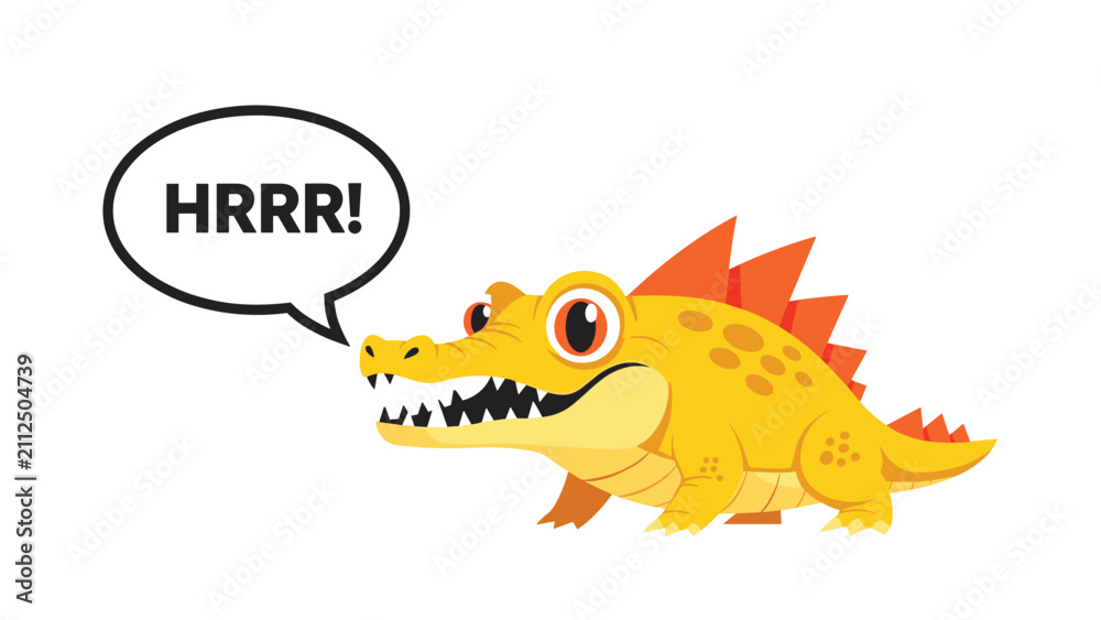 Fototapeta premium Cute little yellow crocodile cartoon character with orange spines growling with speech bubble on white background.