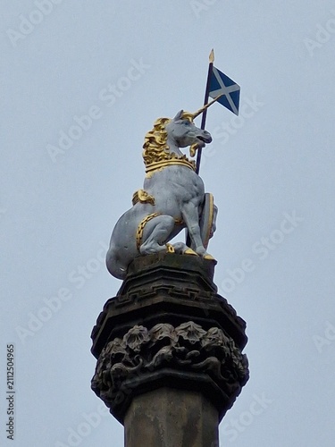 Unicorn sculpture with Scottish flag in Edinburgh, Scotland
