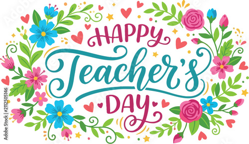 Happy teacher's day greeting card design with beautiful colorful floral frame and elegant hand written calligraphy text illustration