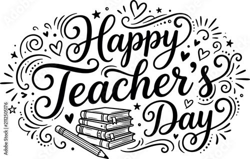 Elegant hand drawn lettering design for teacher's day celebration with decorative swirls and doodles on white background