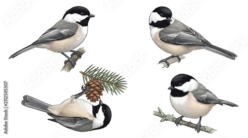 Black-capped chickadee bird illustration set, realistic songbird collection on white background, winter wildlife nature elements for design