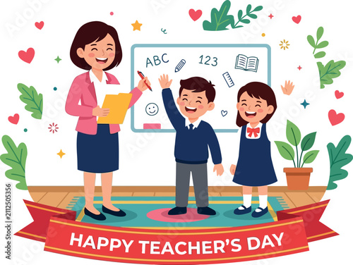 A cheerful illustration of a female teacher with two students in a classroom for a happy teacher's day celebration