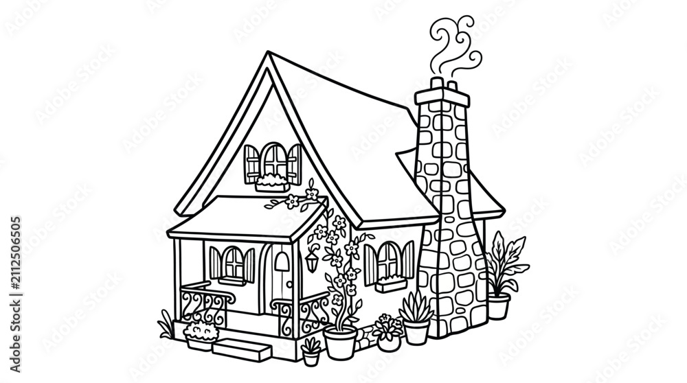 Obraz premium Charming Cottage House with Smoking Chimney Line Art.