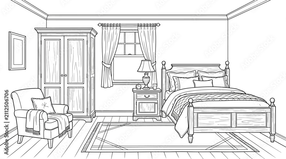 Fototapeta premium Cozy bedroom interior with classic furniture and inviting decor.