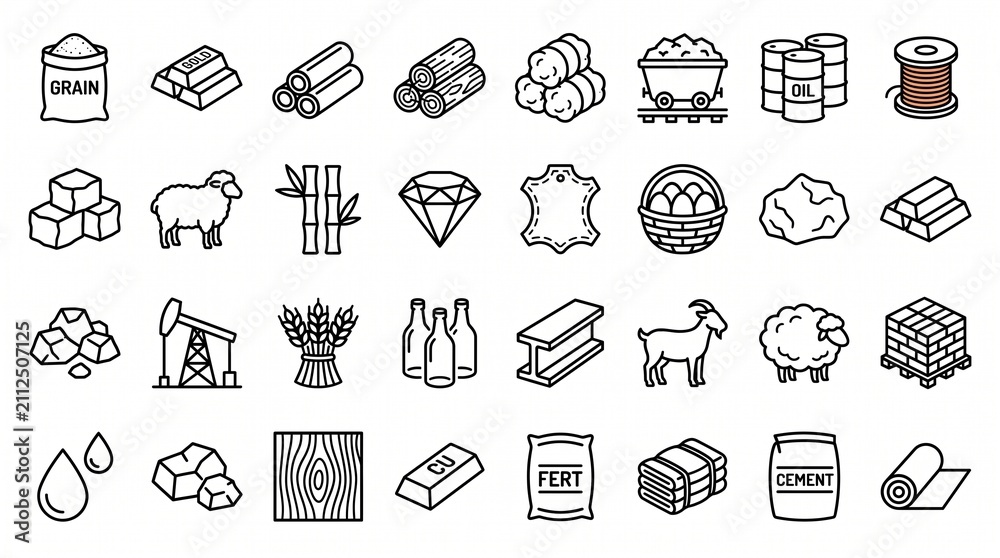 Naklejka premium Raw materials commodity icon set featuring agriculture metals energy industrial resources vector illustration isolated on white background for trade business infographic design