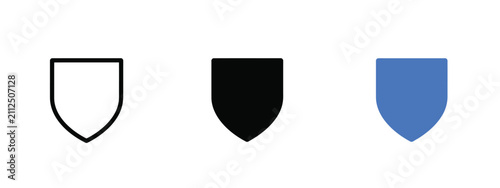 Shield shapes in outline solid black and solid blue variations on a white background shields protection defensive security