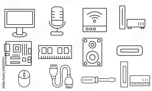 Computer Service Repair Tools and Hardware Line Vector Set,Modern Minimalist Technology and Computer Hardware Line Art Bundle,