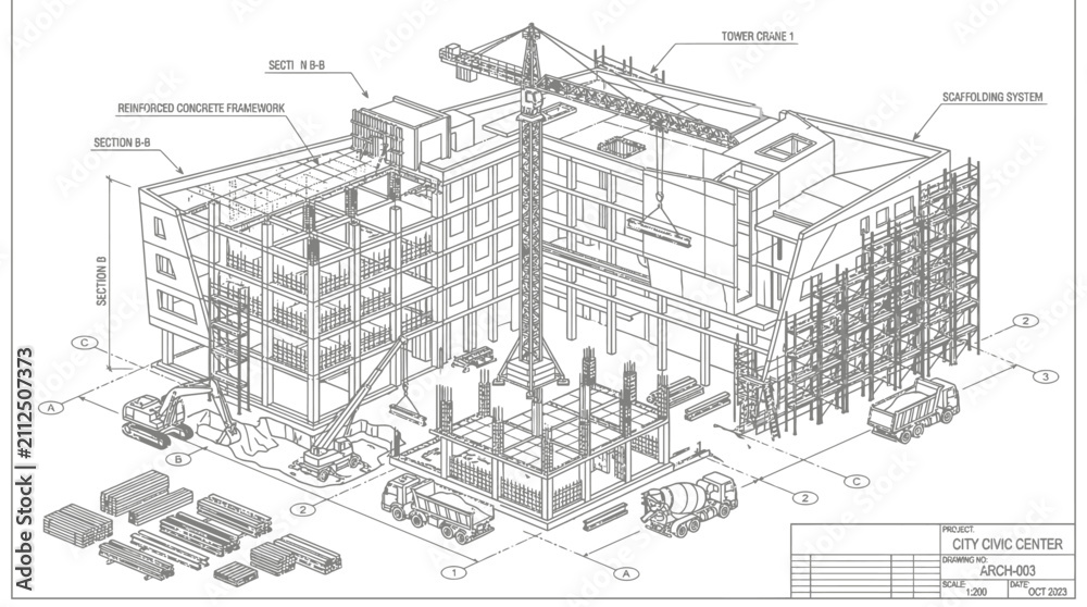 Fototapeta premium Detailed blueprint of a large building construction site with cranes and scaffolding.