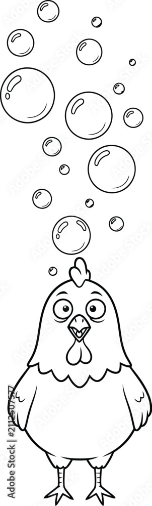 Fototapeta premium Cute Cartoon Chicken with Floating Soap Bubbles, Black and White Line Art Illustration for Kids Coloring Book, Farm Animal Educational Activity 
